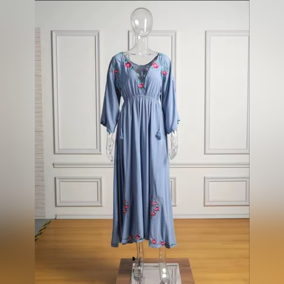 Floral Embroidered Blue Maxi Dress- Reversible - Picture 4 of 16